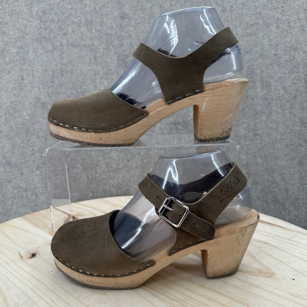 Lotta from Stockholm Clogs Womens 7.5 Olive Green Suede Wooden High Heel Swedish